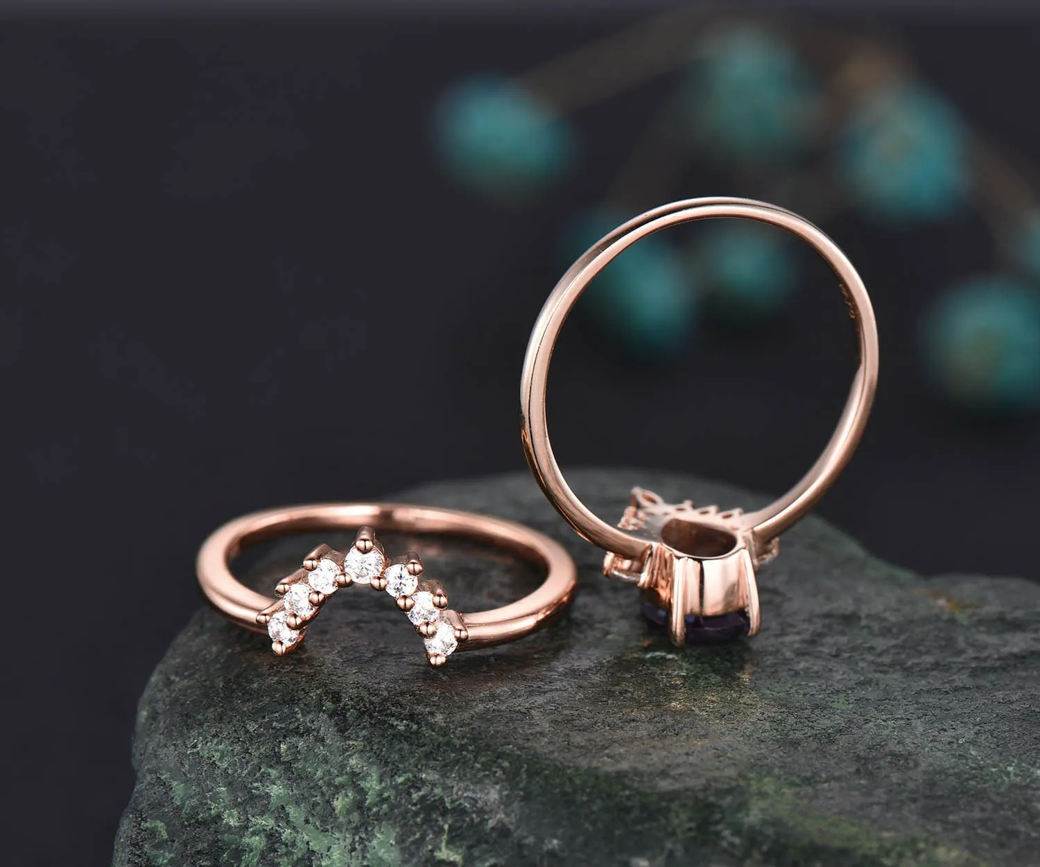 Vintage pear shaped Alexandrite engagement ring set rose gold art deco halo moissanite ring set unique bridal wedding ring set for women sold by Willwork Jewelry product image thumbnail 4