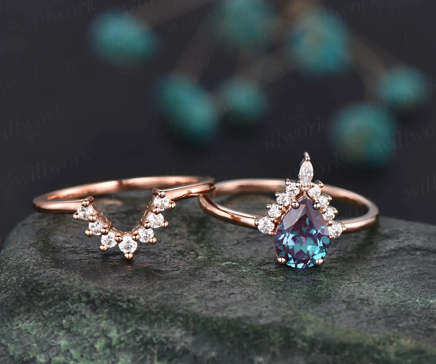 Vintage pear shaped Alexandrite engagement ring set rose gold art deco halo moissanite ring set unique bridal wedding ring set for women sold by Willwork Jewelry product image thumbnail 3