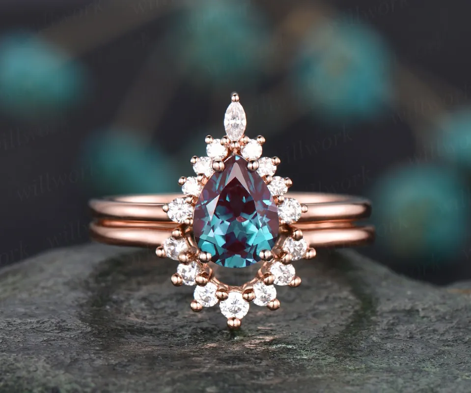 Vintage pear shaped Alexandrite engagement ring set rose gold art deco halo moissanite ring set unique bridal wedding ring set for women sold by Willwork Jewelry