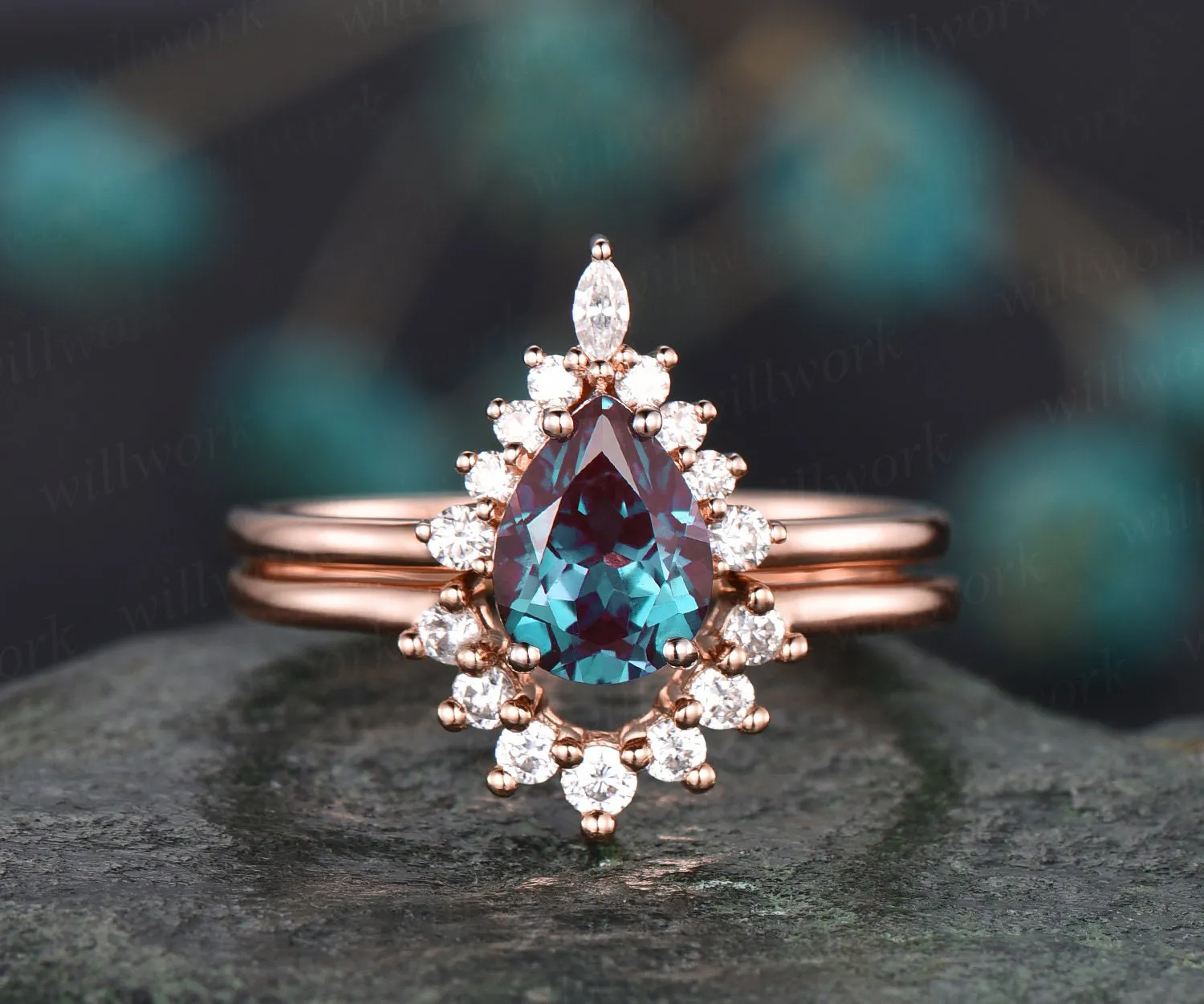 Vintage pear shaped Alexandrite engagement ring set rose gold art deco halo moissanite ring set unique bridal wedding ring set for women sold by Willwork Jewelry