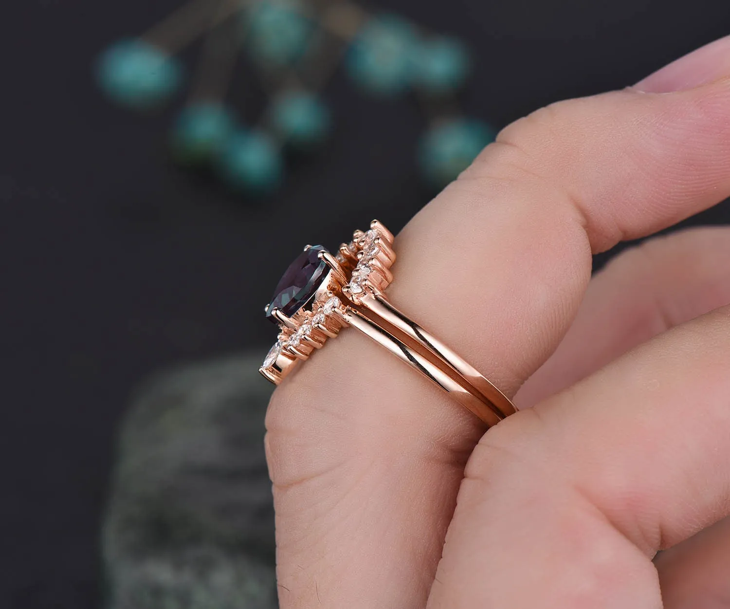 Vintage pear shaped Alexandrite engagement ring set rose gold art deco halo moissanite ring set unique bridal wedding ring set for women sold by Willwork Jewelry product image thumbnail 5