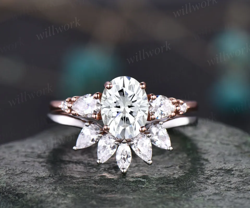 Oval cut moissanite engagement ring set five stone rose gold ring set art deco vintage ring women unique anniversary ring set custom ring sold by Willwork Jewelry