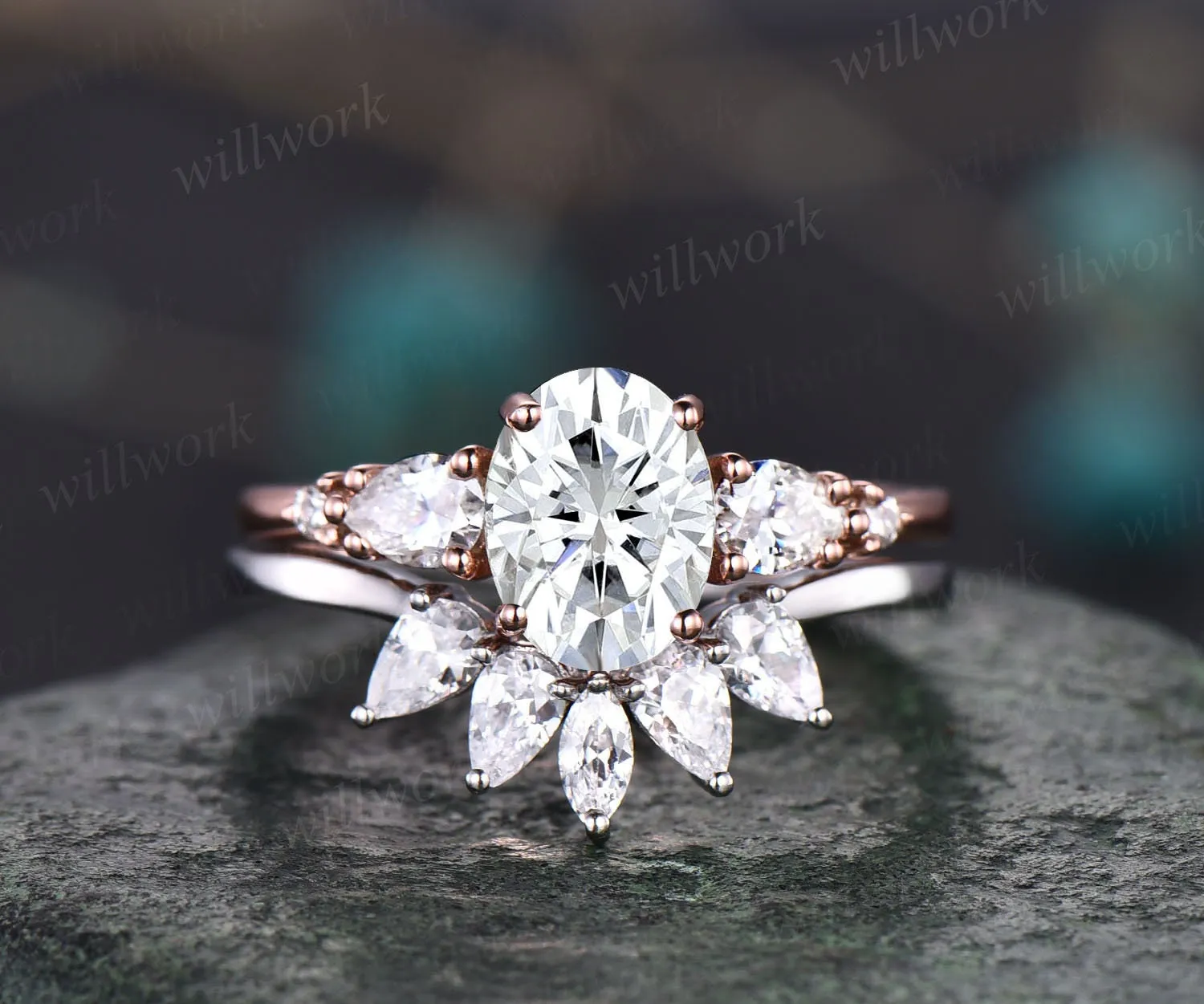 Oval cut moissanite engagement ring set five stone rose gold ring set art deco vintage ring women unique anniversary ring set custom ring sold by Willwork Jewelry
