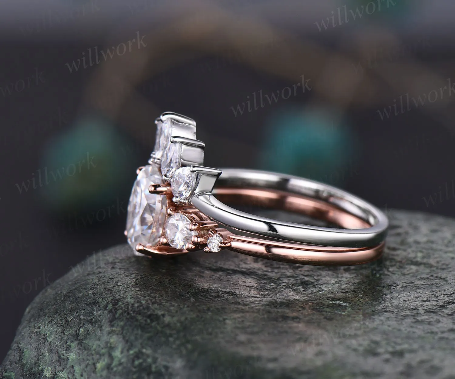 Oval cut moissanite engagement ring set five stone rose gold ring set art deco vintage ring women unique anniversary ring set custom ring sold by Willwork Jewelry product image thumbnail 4