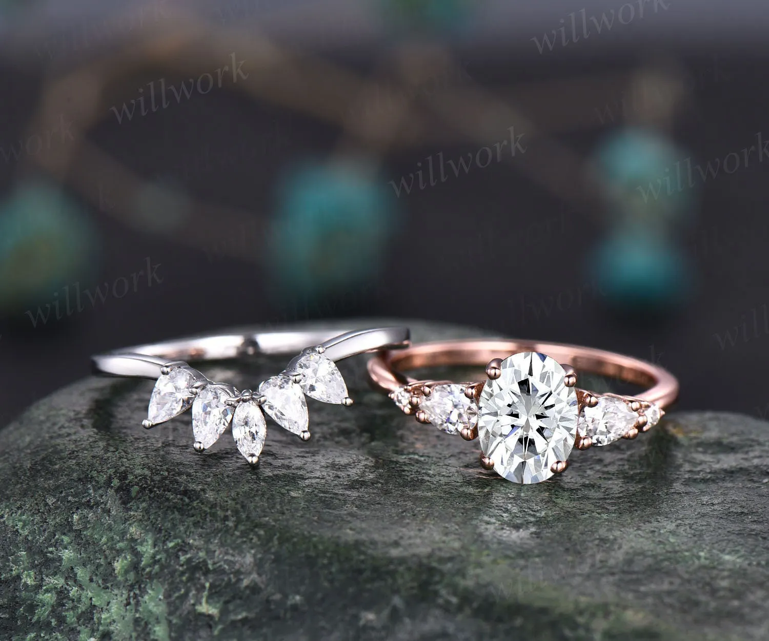 Oval cut moissanite engagement ring set five stone rose gold ring set art deco vintage ring women unique anniversary ring set custom ring sold by Willwork Jewelry product image thumbnail 3