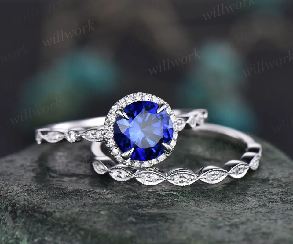 Art deco sapphire engagement ring set vintage halo Milgrain diamond ring white gold marquise ring setting women September birthstone ring made by Willwork Jewelry