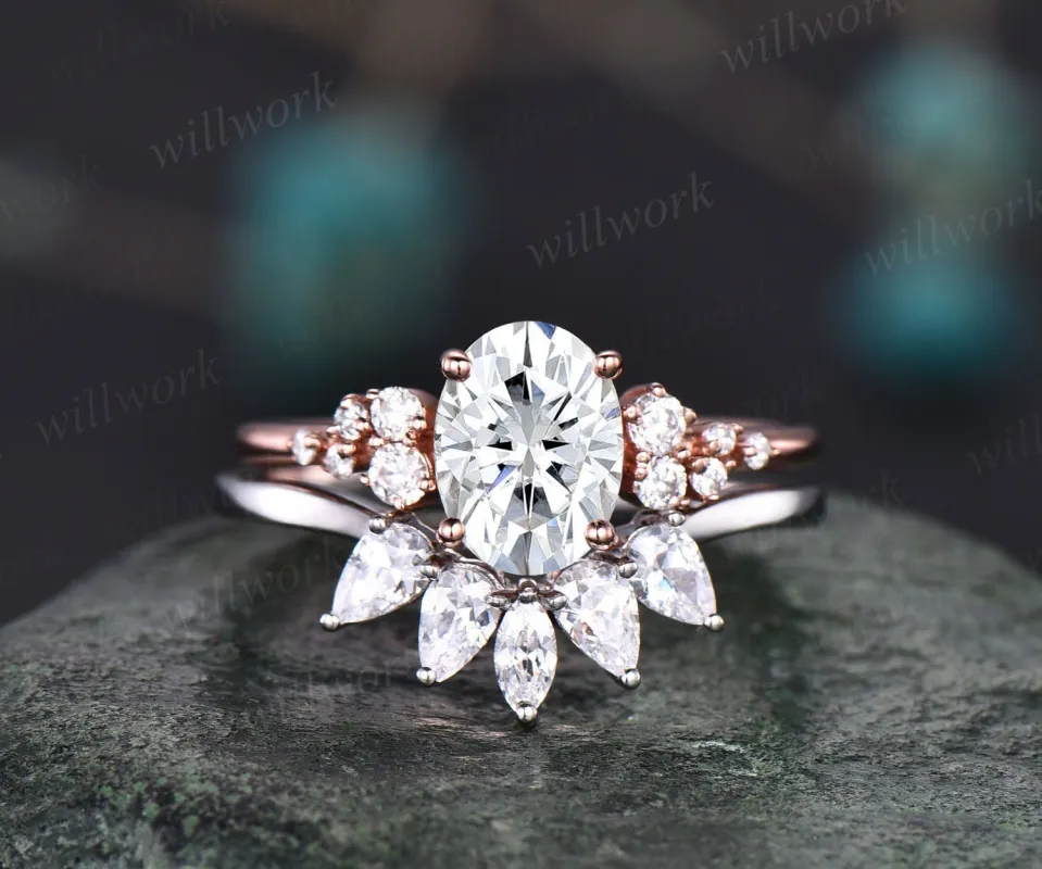 Unique moissanite wedding set oval moissanite engagement ring set rose gold vintage cluster art deco ring for women prong set bridal ring made by Willwork Jewelry