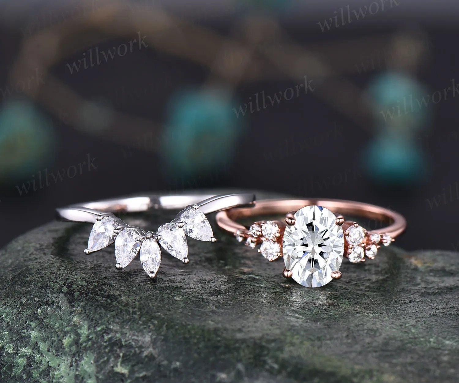 Unique moissanite wedding set oval moissanite engagement ring set rose gold vintage cluster art deco ring for women prong set bridal ring sold by Willwork Jewelry product image thumbnail 3