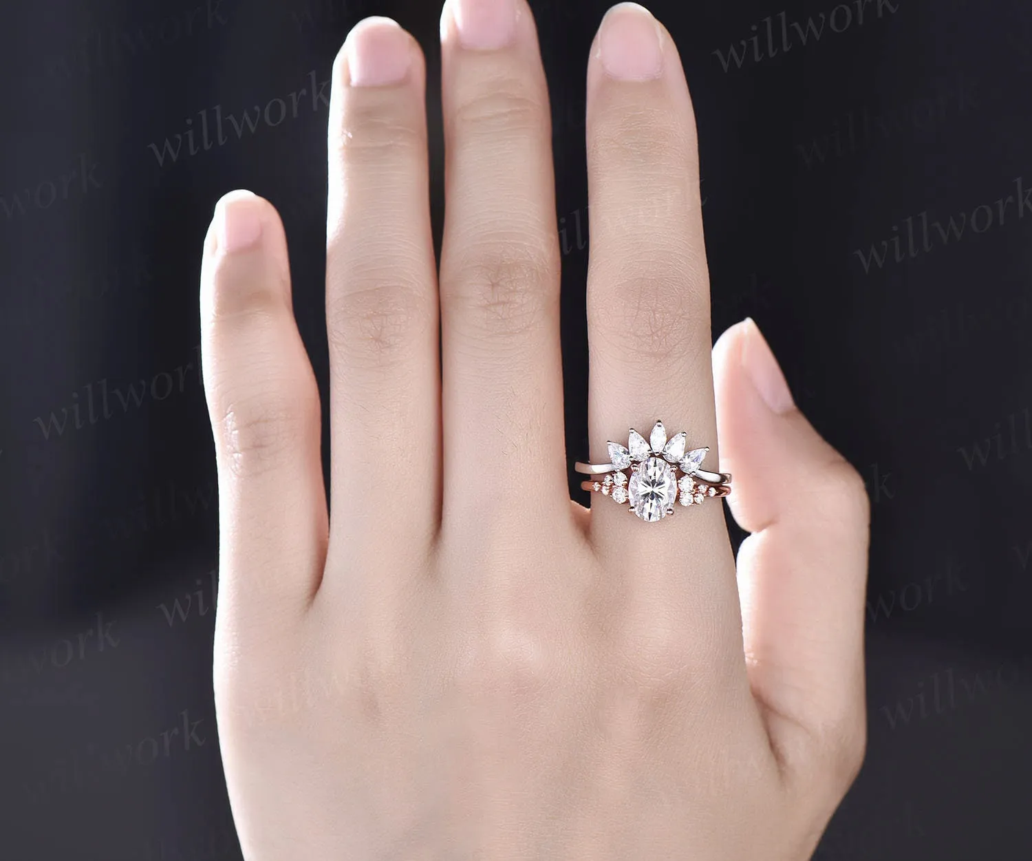 Unique moissanite wedding set oval moissanite engagement ring set rose gold vintage cluster art deco ring for women prong set bridal ring sold by Willwork Jewelry product image thumbnail 2
