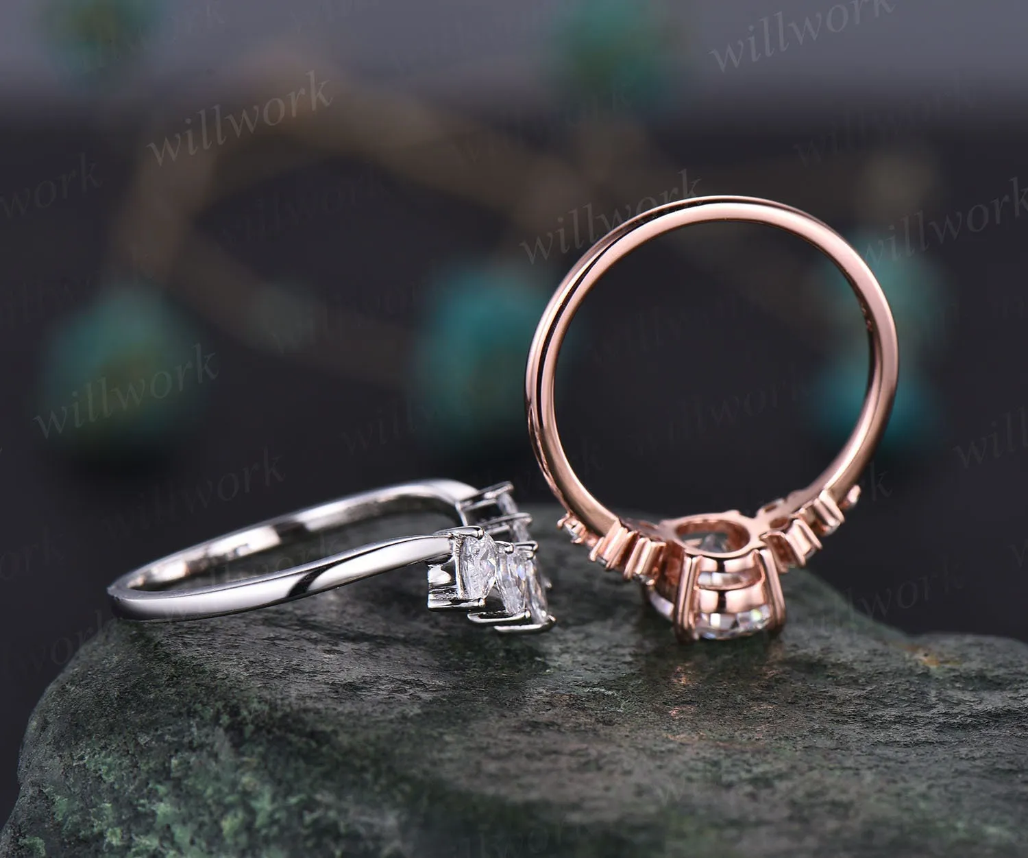 Unique moissanite wedding set oval moissanite engagement ring set rose gold vintage cluster art deco ring for women prong set bridal ring sold by Willwork Jewelry product image thumbnail 4