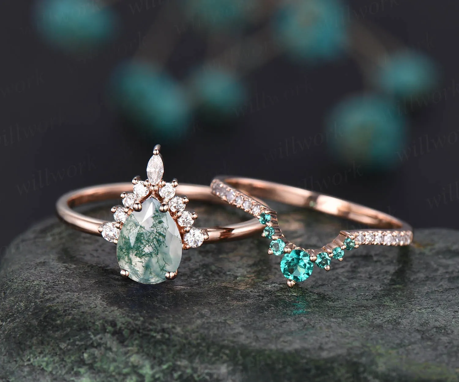 Pear moss agate ring set unique vintage moss agate engagement ring set rose gold ring set for women emerald ring set diamond crown ring gift sold by Willwork Jewelry product image thumbnail 3