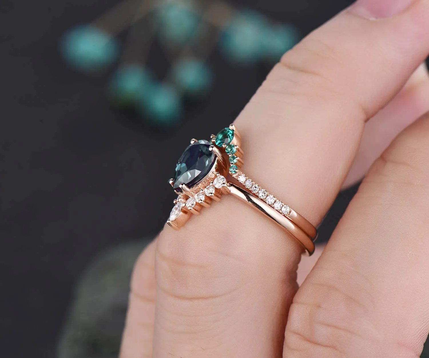 Pear moss agate ring set unique vintage moss agate engagement ring set rose gold ring set for women emerald ring set diamond crown ring gift sold by Willwork Jewelry product image thumbnail 4
