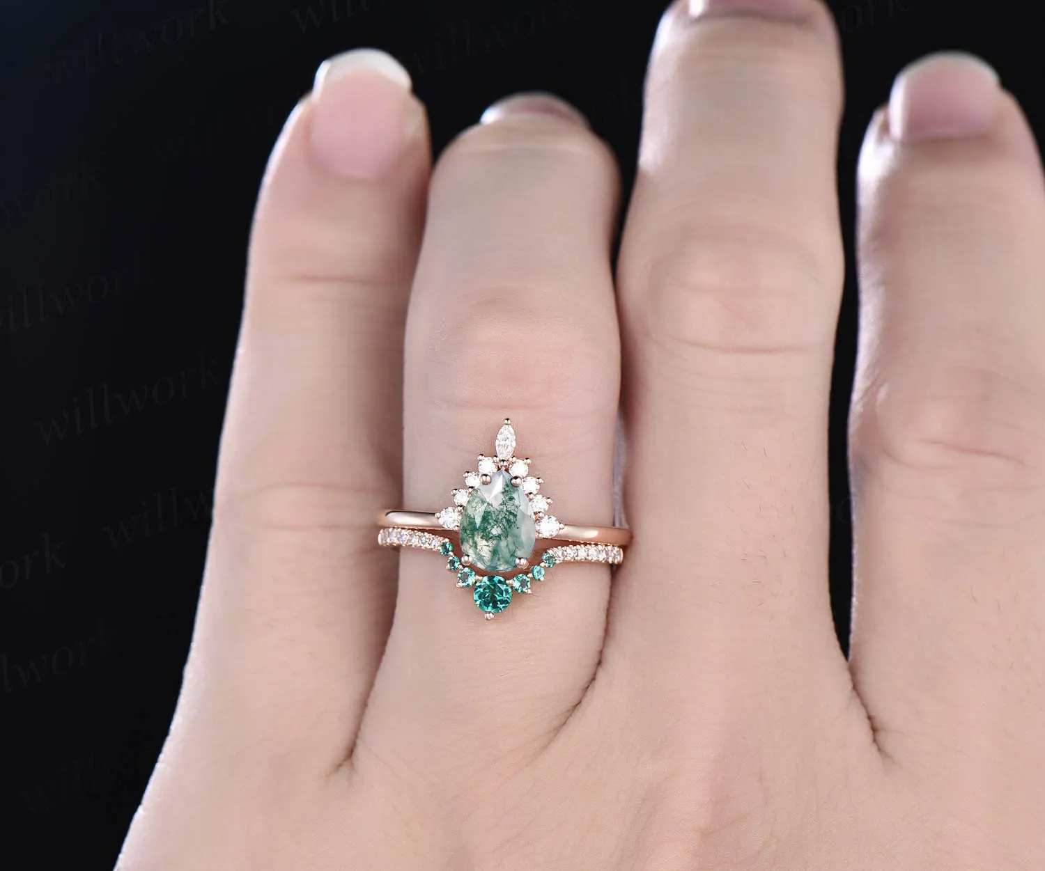 Pear moss agate ring set unique vintage moss agate engagement ring set rose gold ring set for women emerald ring set diamond crown ring gift sold by Willwork Jewelry product image thumbnail 2