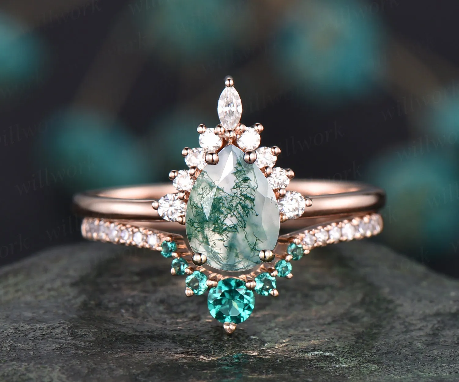 Pear moss agate ring set unique vintage moss agate engagement ring set rose gold ring set for women emerald ring set diamond crown ring gift sold by Willwork Jewelry