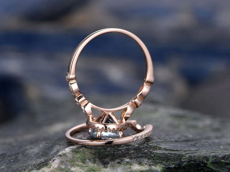 Vintage Blue Aquamarine Engagement Ring Set Solid 14k Rose Gold Handmade Art Deco Arched Diamond Rng Wedding Ring Set March Birthstone Ring sold by Willwork Jewelry product image thumbnail 4