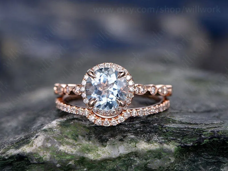 Vintage Blue Aquamarine Engagement Ring Set Solid 14k Rose Gold Handmade Art Deco Arched Diamond Rng Wedding Ring Set March Birthstone Ring sold by Willwork Jewelry product image thumbnail 3