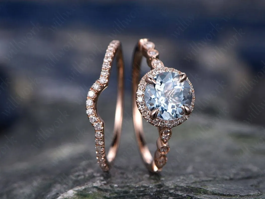 Vintage Blue Aquamarine Engagement Ring Set Solid 14k Rose Gold Handmade Art Deco Arched Diamond Rng Wedding Ring Set March Birthstone Ring sold by Willwork Jewelry