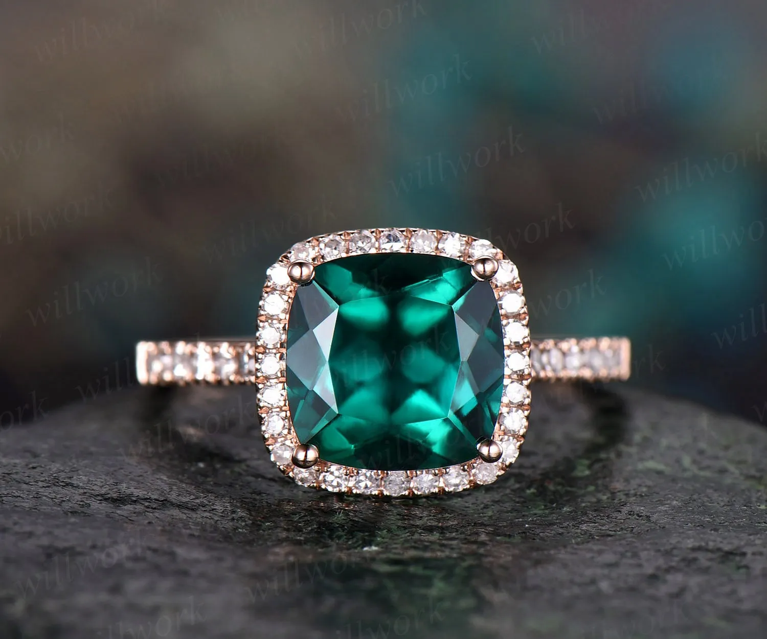Cushion green emerald engagement ring solid 14k rose gold real diamond halo ring emerald ring vintage May birthstone wedding promise ring sold by Willwork Jewelry product image thumbnail 3