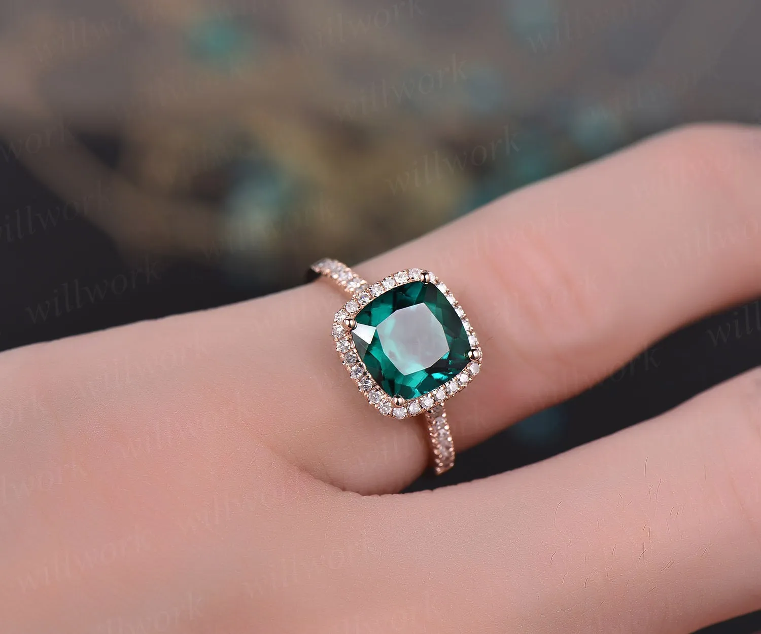 Cushion green emerald engagement ring solid 14k rose gold real diamond halo ring emerald ring vintage May birthstone wedding promise ring sold by Willwork Jewelry product image thumbnail 2