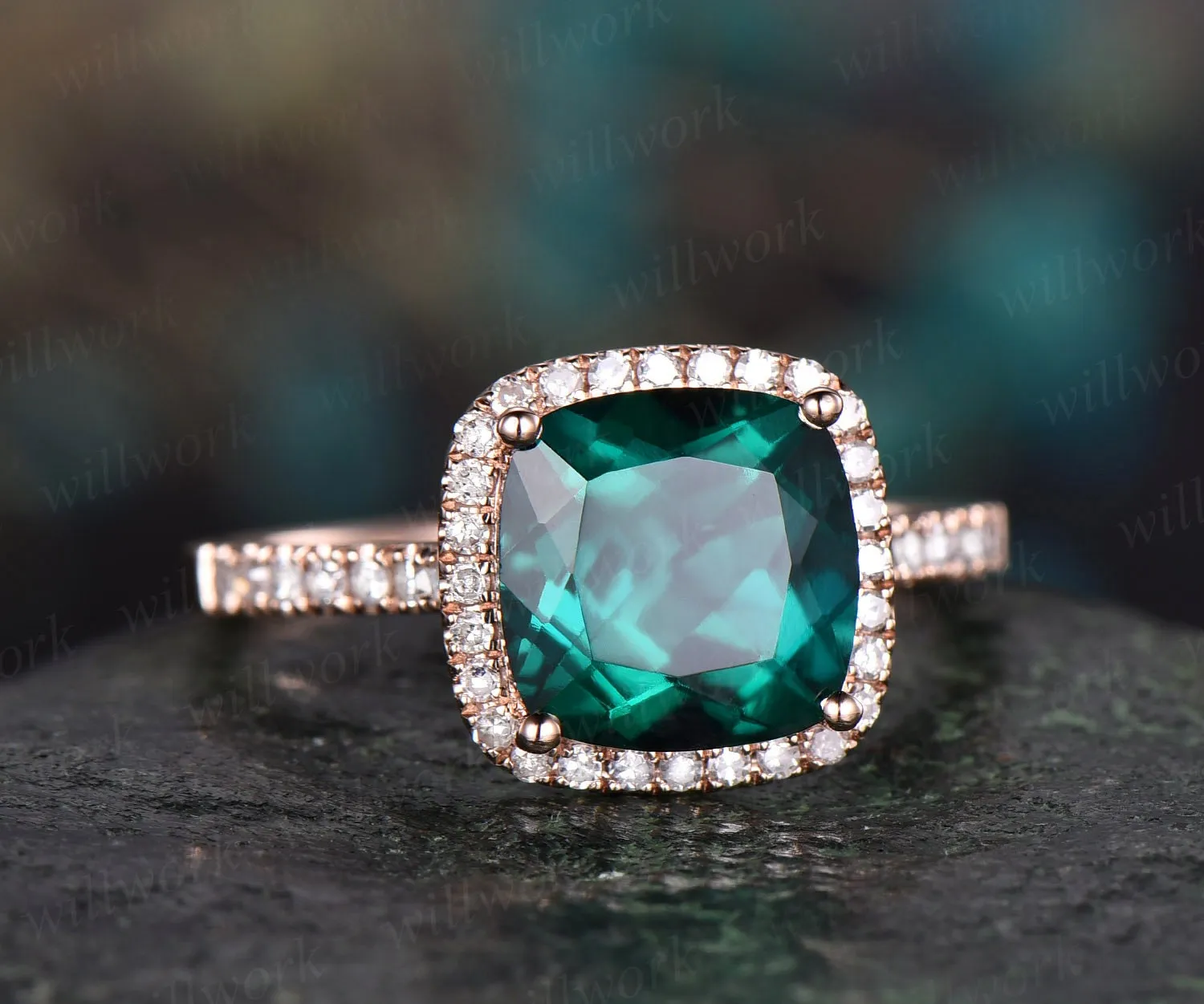 Cushion green emerald engagement ring solid 14k rose gold real diamond halo ring emerald ring vintage May birthstone wedding promise ring sold by Willwork Jewelry