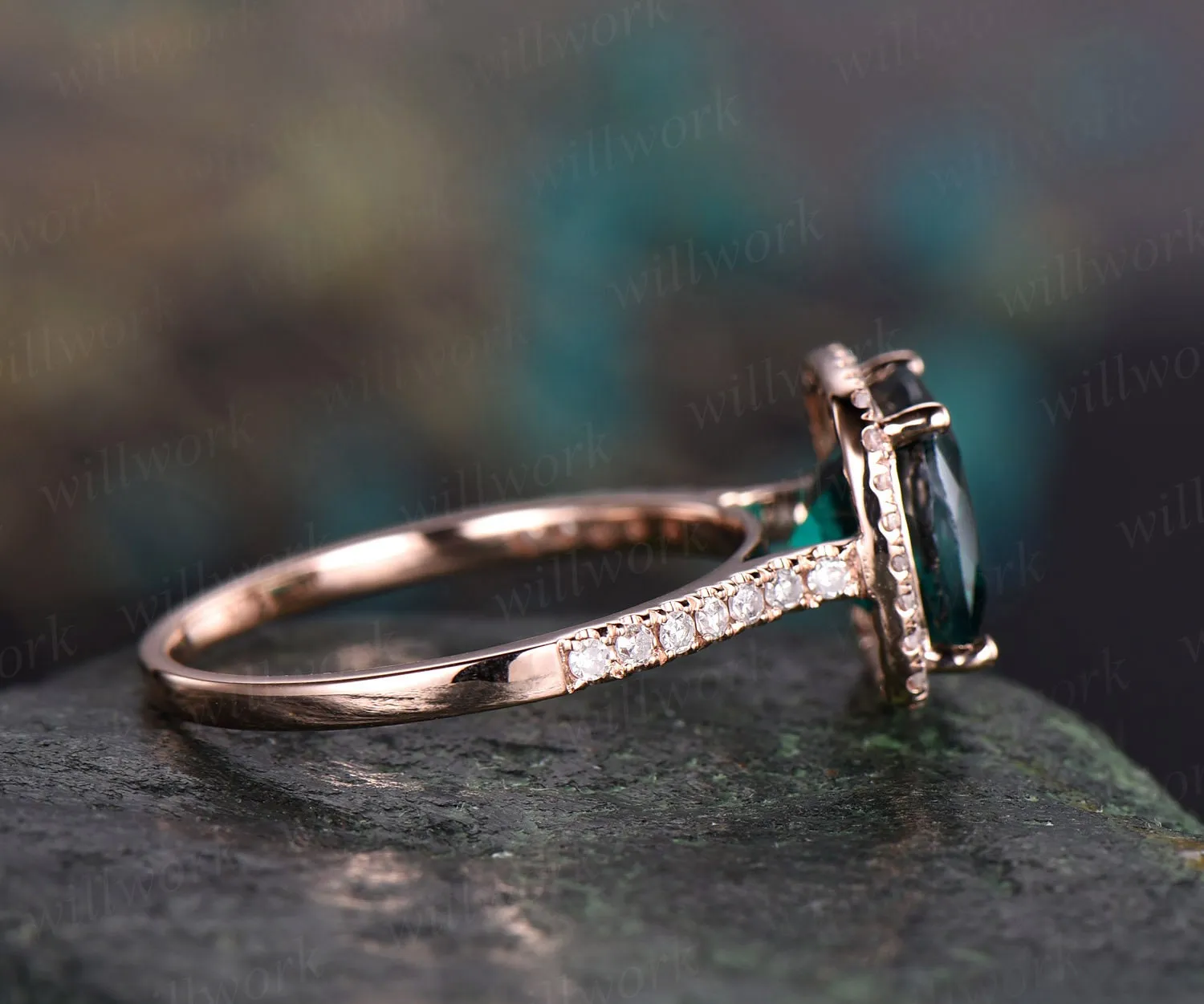 Cushion green emerald engagement ring solid 14k rose gold real diamond halo ring emerald ring vintage May birthstone wedding promise ring sold by Willwork Jewelry product image thumbnail 4