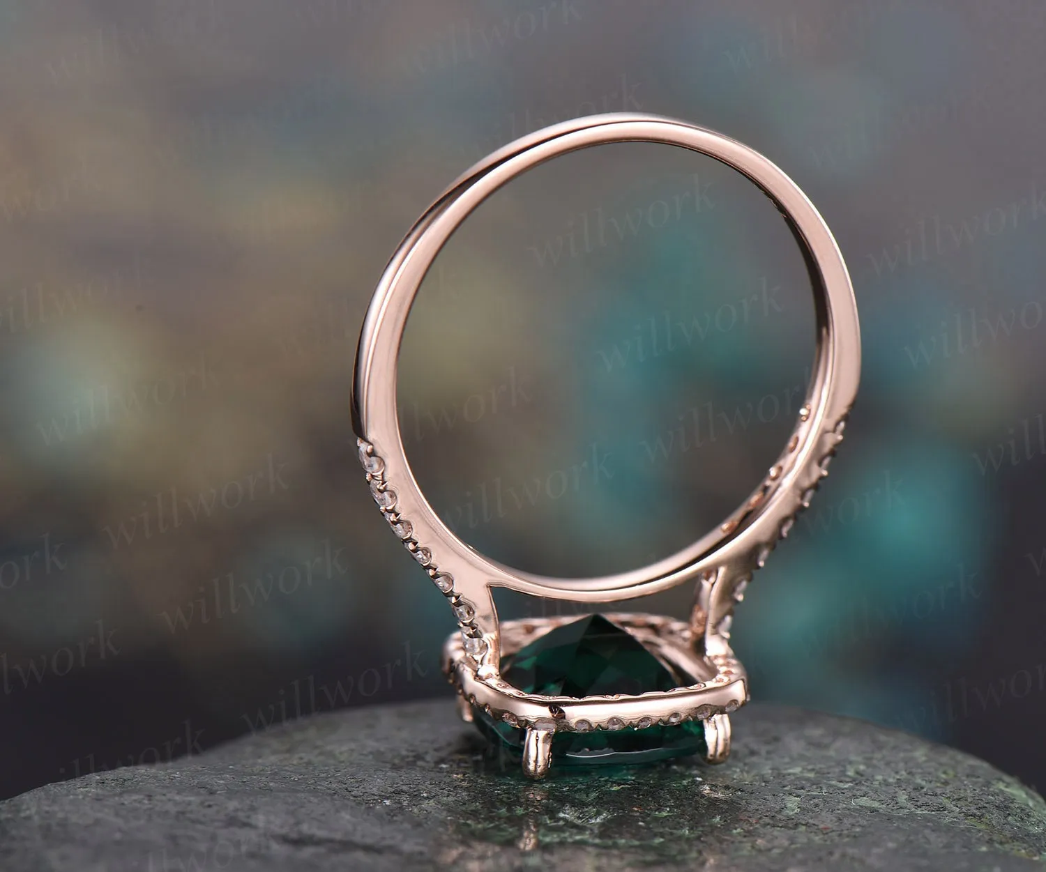 Cushion green emerald engagement ring solid 14k rose gold real diamond halo ring emerald ring vintage May birthstone wedding promise ring sold by Willwork Jewelry product image thumbnail 5