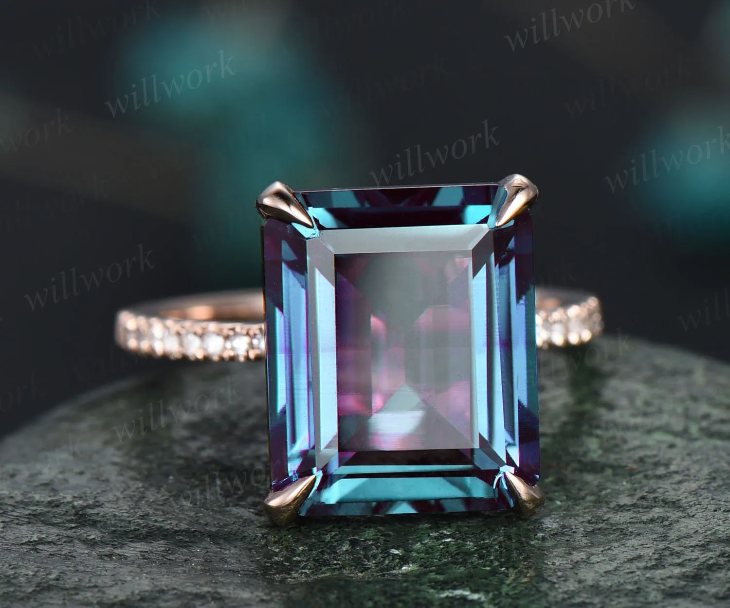 Alexandrite ring vintage unique emerald cut Alexandrite engagement ring for women under halo basket diamond ring rose gold dainty jewelry sold by Willwork Jewelry product image thumbnail 3