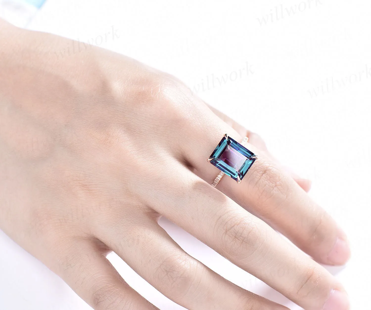 Alexandrite ring vintage unique emerald cut Alexandrite engagement ring for women under halo basket diamond ring rose gold dainty jewelry sold by Willwork Jewelry product image thumbnail 2