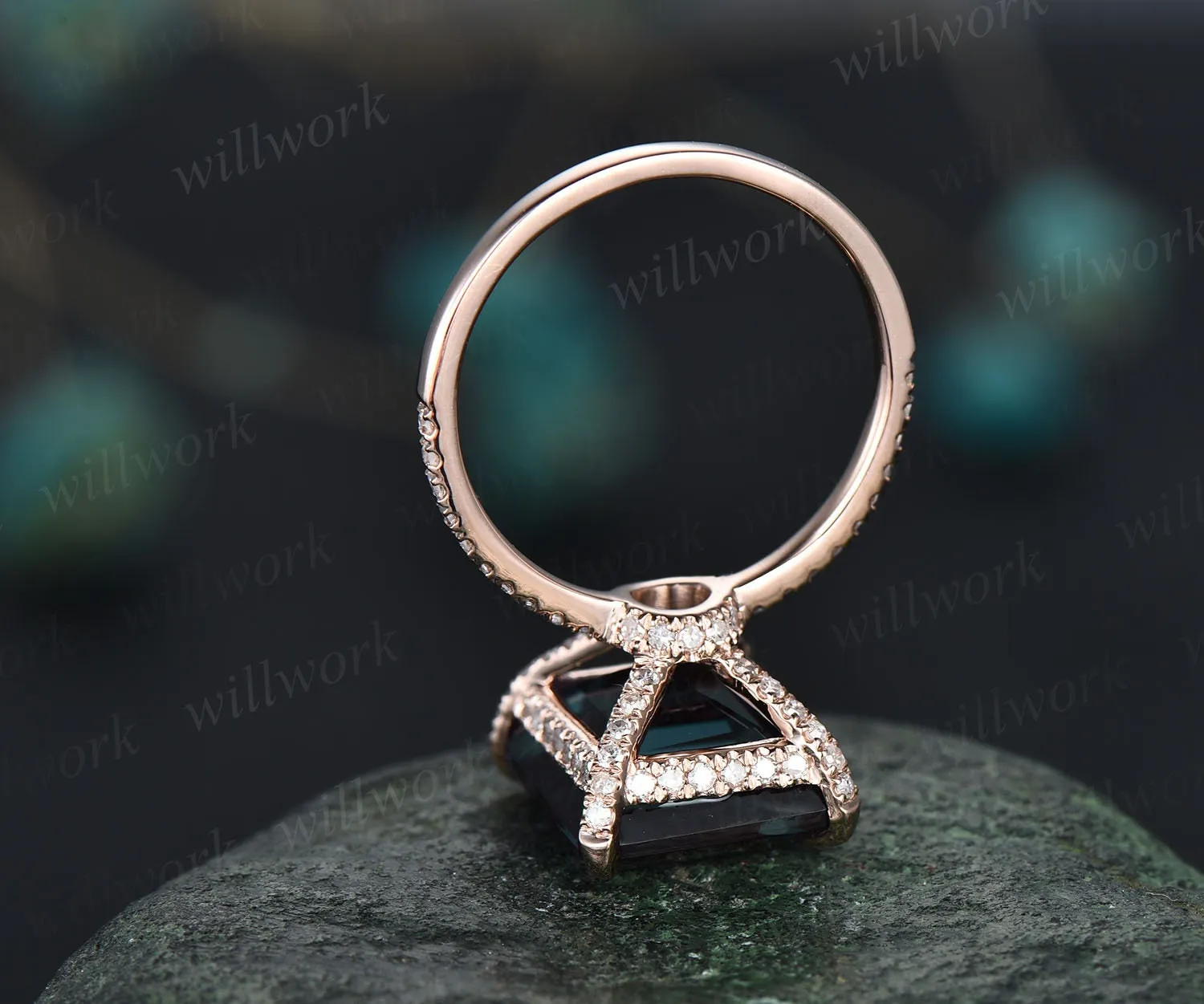 Alexandrite ring vintage unique emerald cut Alexandrite engagement ring for women under halo basket diamond ring rose gold dainty jewelry sold by Willwork Jewelry product image thumbnail 5