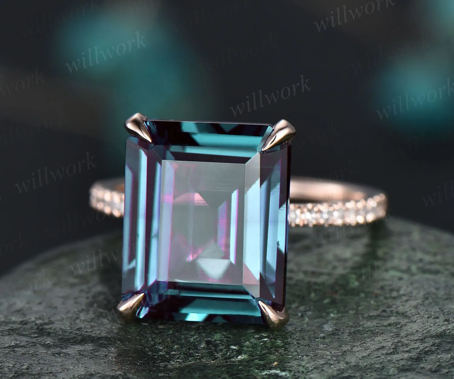 Alexandrite ring vintage unique emerald cut Alexandrite engagement ring for women under halo basket diamond ring rose gold dainty jewelry sold by Willwork Jewelry product image thumbnail 4