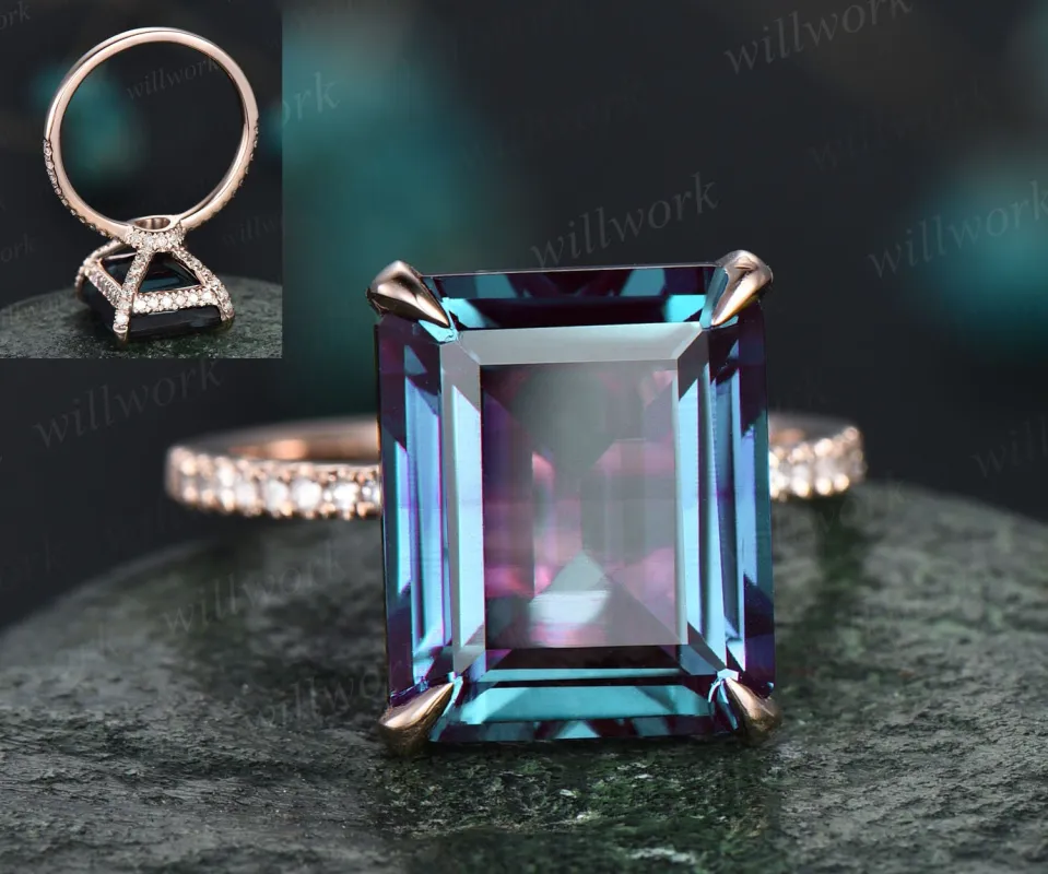 Alexandrite ring vintage unique emerald cut Alexandrite engagement ring for women under halo basket diamond ring rose gold dainty jewelry made by Willwork Jewelry