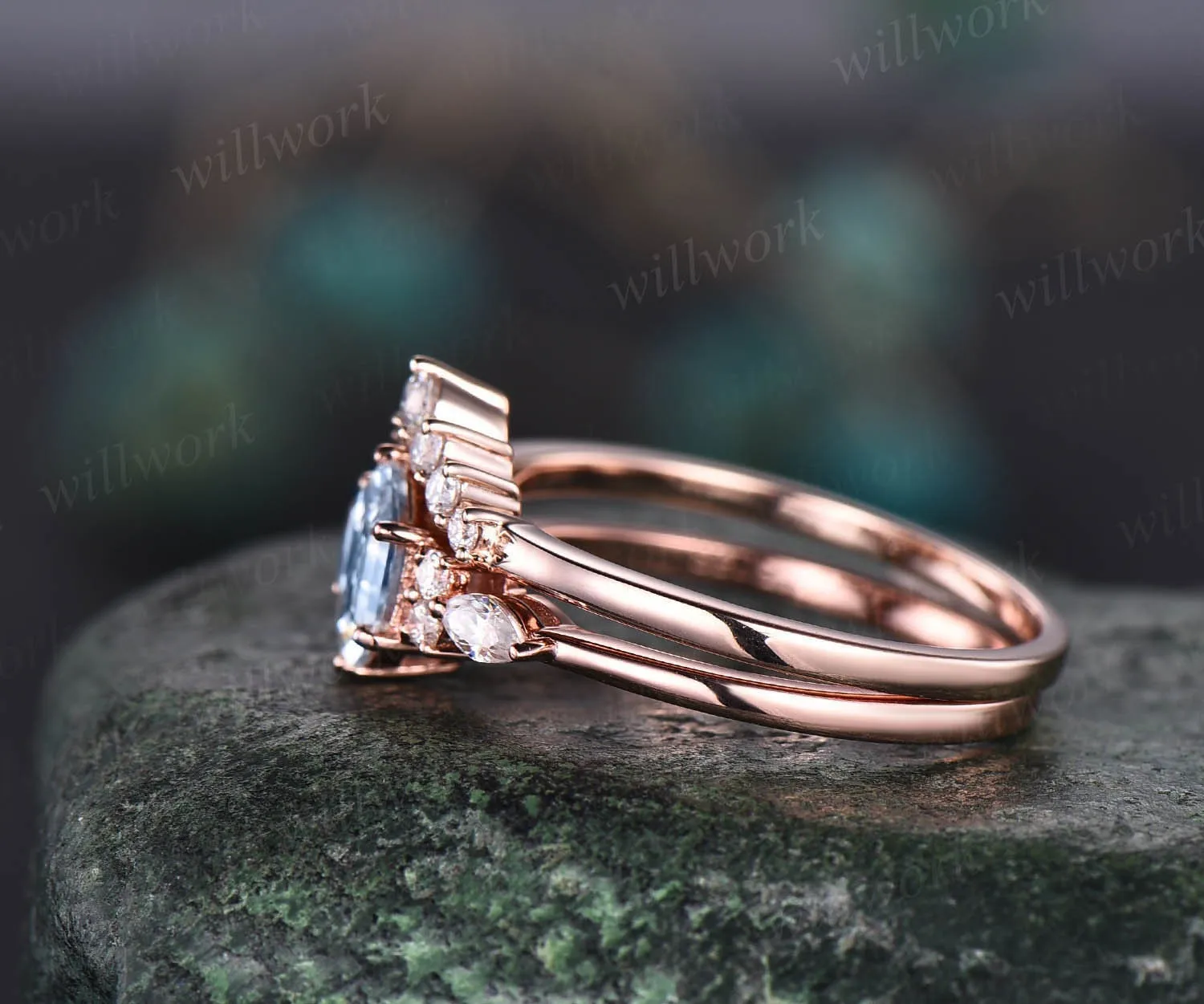 Hexagon aquamarine ring for women vintage unique aquamarine engagement ring set rose gold art deco dainty moissanite wedding bridal ring set sold by Willwork Jewelry product image thumbnail 4