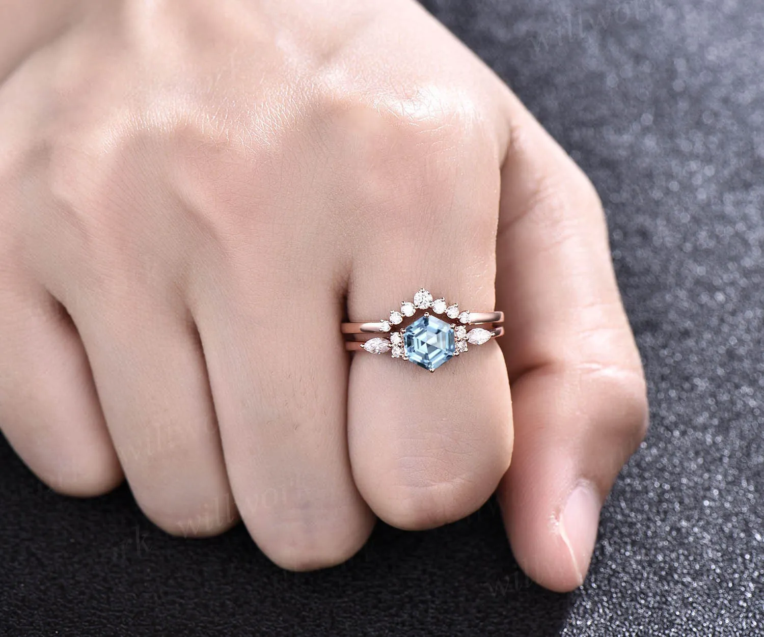 Hexagon aquamarine ring for women vintage unique aquamarine engagement ring set rose gold art deco dainty moissanite wedding bridal ring set sold by Willwork Jewelry product image thumbnail 2