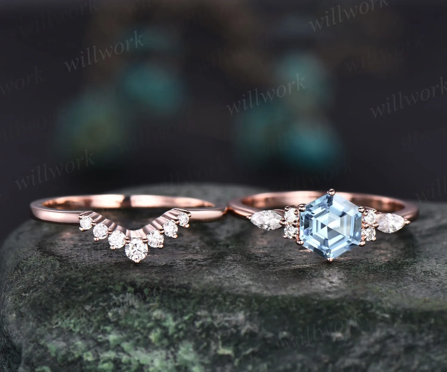 Hexagon aquamarine ring for women vintage unique aquamarine engagement ring set rose gold art deco dainty moissanite wedding bridal ring set sold by Willwork Jewelry product image thumbnail 3