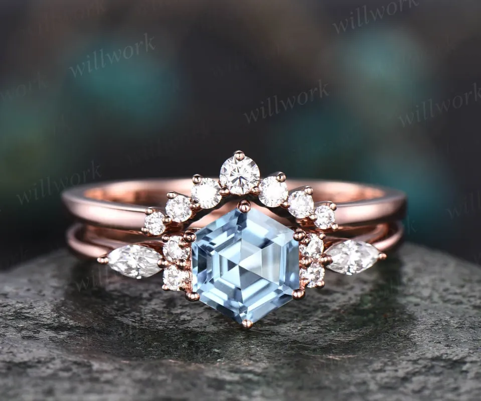 Hexagon aquamarine ring for women vintage unique aquamarine engagement ring set rose gold art deco dainty moissanite wedding bridal ring set sold by Willwork Jewelry