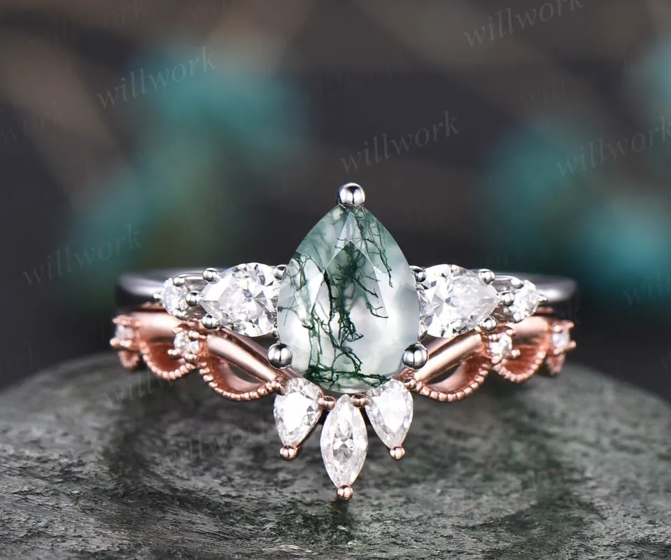 Vintage moss agate ring gold silver women unique pear shaped moss agate engagement ring set moissanite ring art deco crown wedding ring set sold by Willwork Jewelry