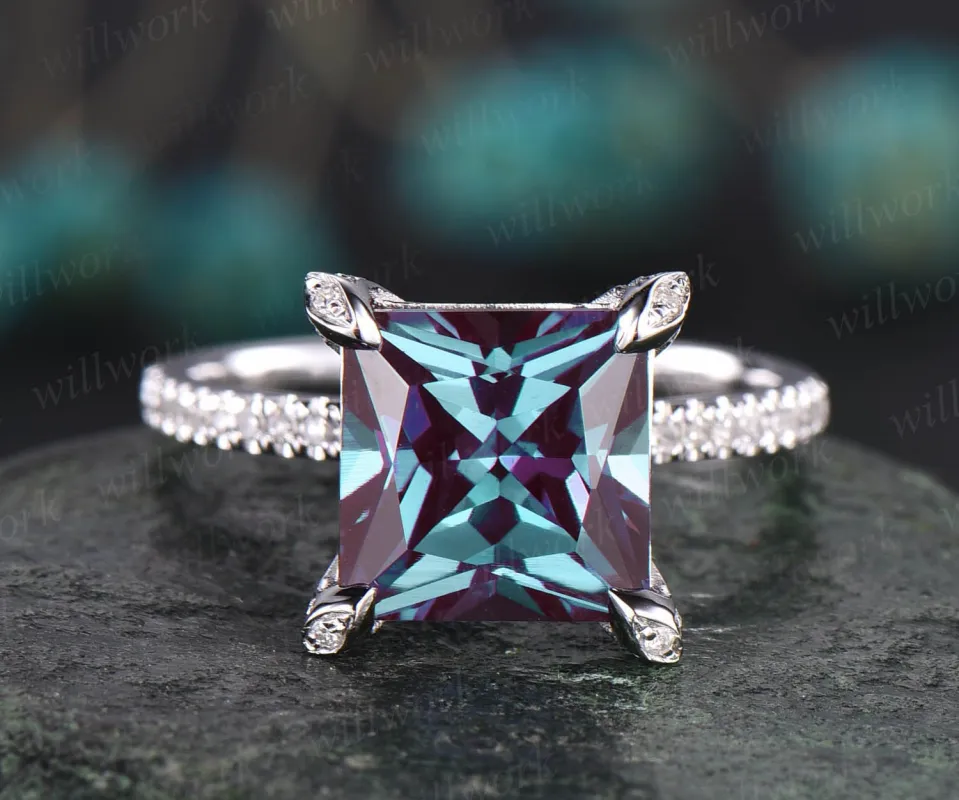 Unique vintage princess cut Alexandrite engagement ring 14k white gold pyramid under halo basket diamond ring for women antique wedding ring sold by Willwork Jewelry