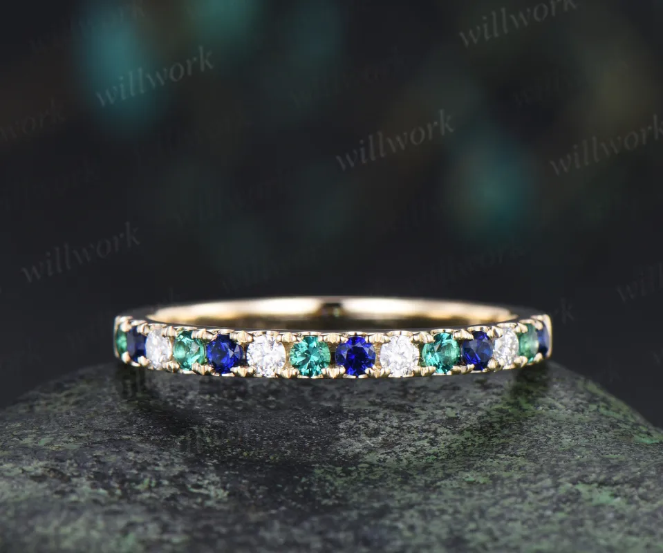 Round emerald sapphire moissanite wedding band minimalist half eternity stacking ring matching band made by Willwork Jewelry