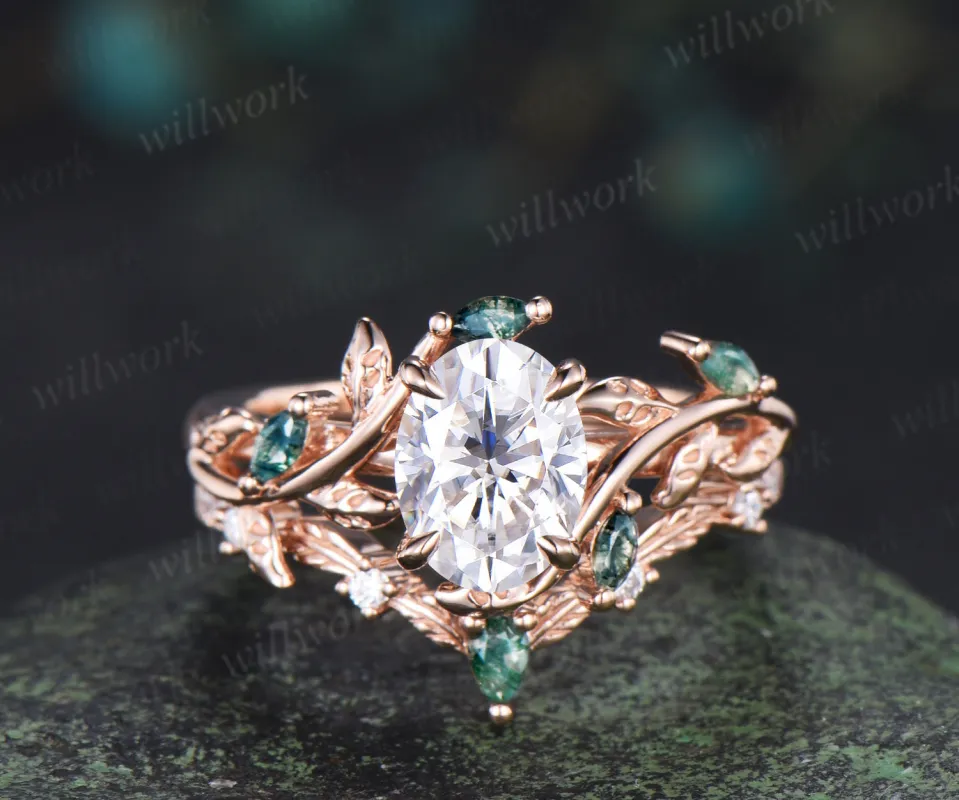 Vintage oval cut lab grown diamond engagement ring set leaf twig moss agates ring natural inspired bridal set sold by Willwork Jewelry