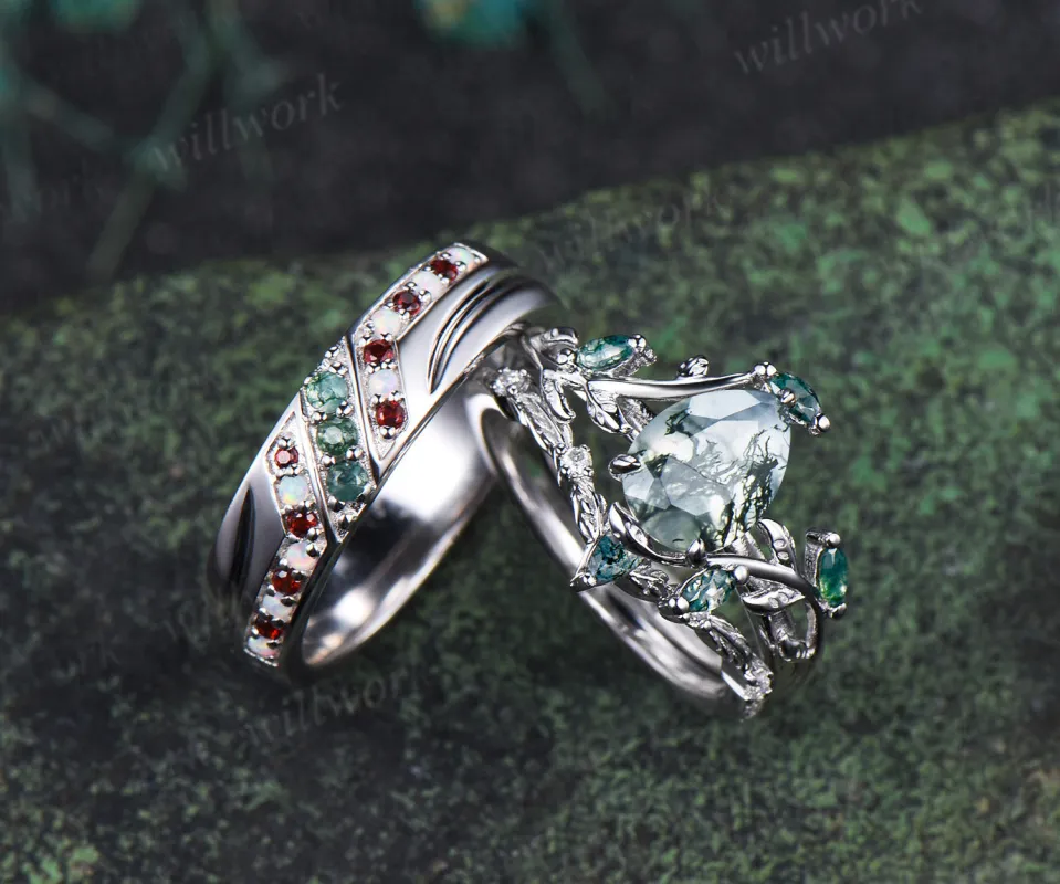 Pear Moss Agate Twig Leaf Ring Set & 5mm Moss Agate Opal Garnet Men Ring Unique Couple Ring Set sold by Willwork Jewelry