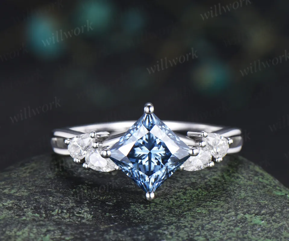 Princess cut blue moissanite engagement ring pear moissanite cluster split shank ring gifts for women made by Willwork Jewelry