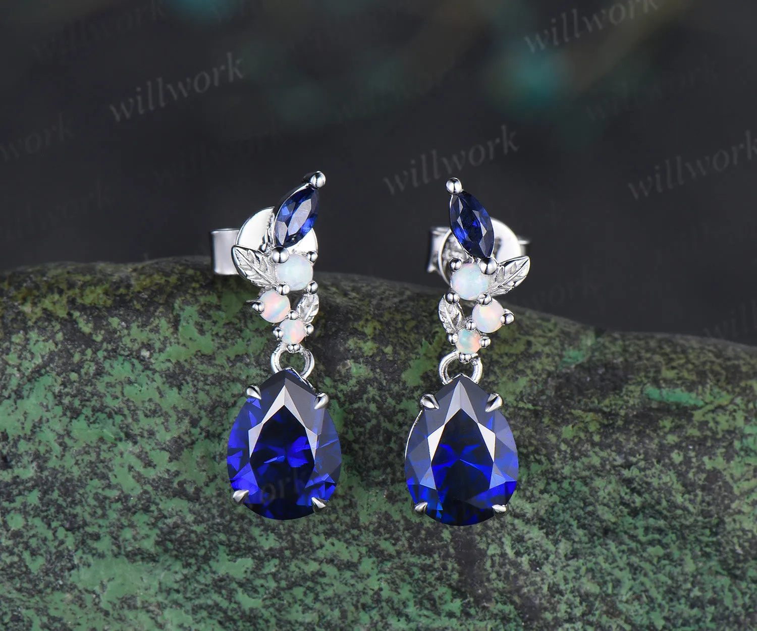 Pear cut sapphire earrings leaf opal marquise sapphire drop earrings September jewelry for her sold by Willwork Jewelry