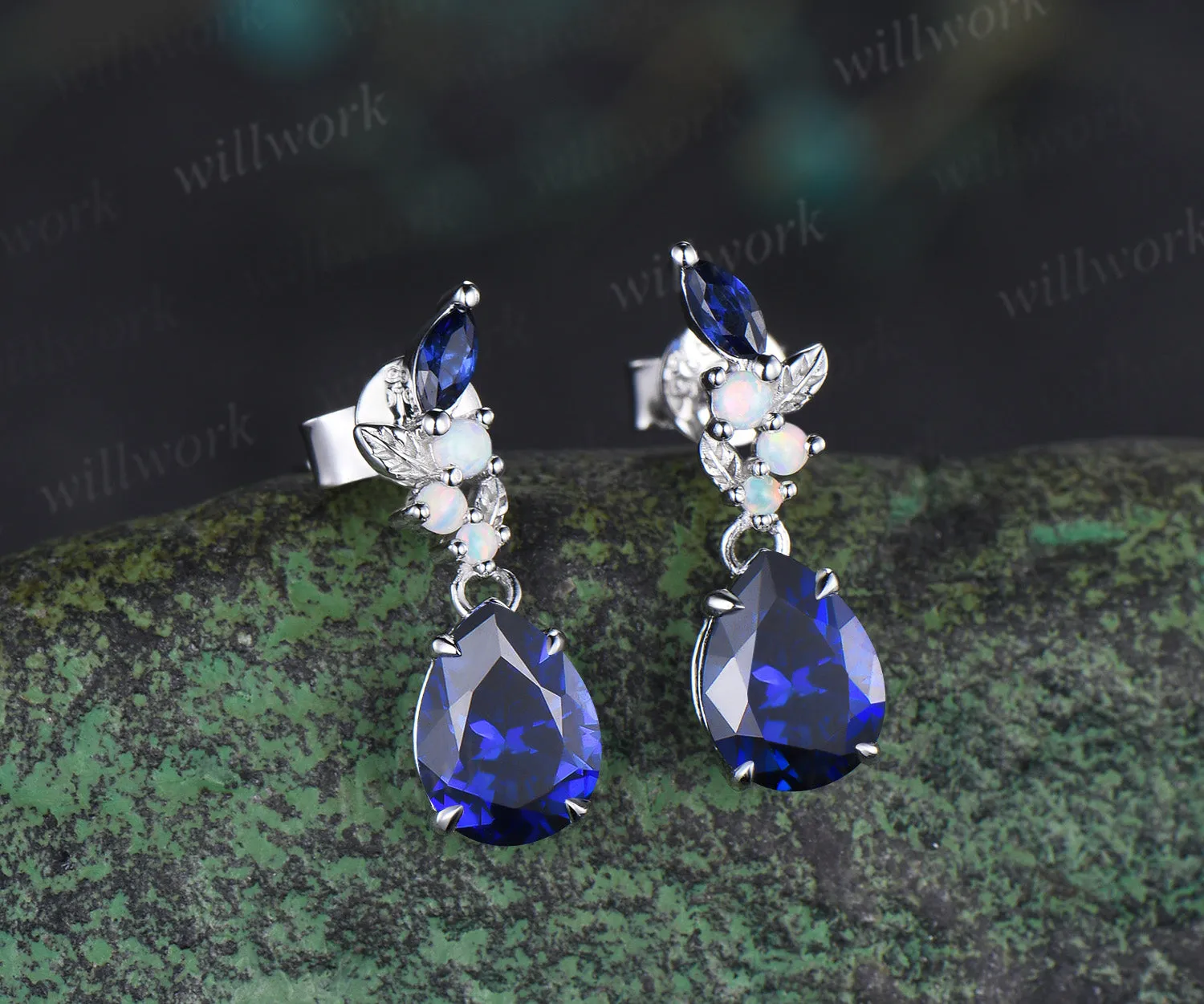 Pear cut sapphire earrings leaf opal marquise sapphire drop earrings September jewelry for her sold by Willwork Jewelry product image thumbnail 3
