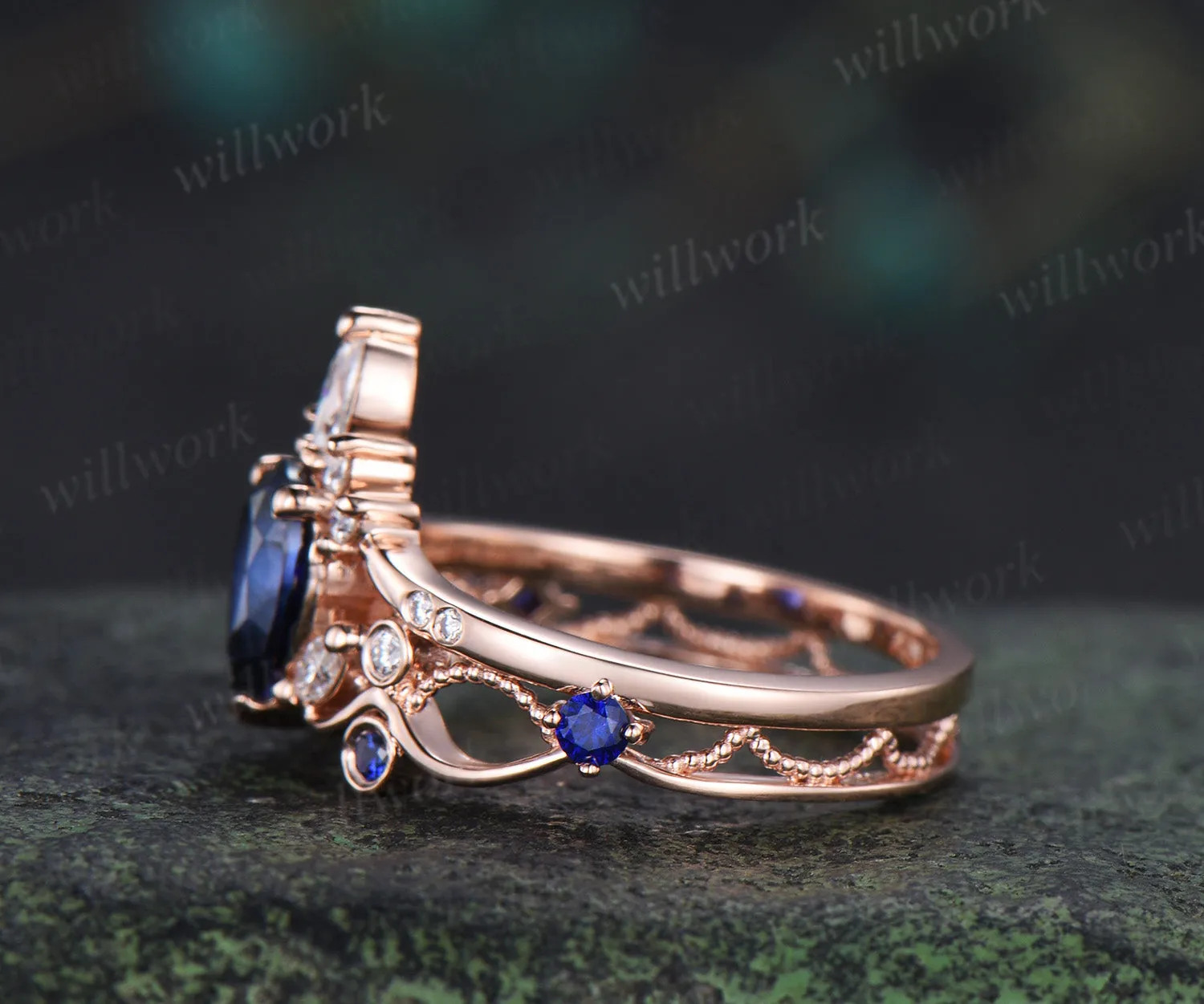 Vintage pear cut sapphire engagement ring elegant milgrain hollow filigree promise ring sold by Willwork Jewelry product image thumbnail 4