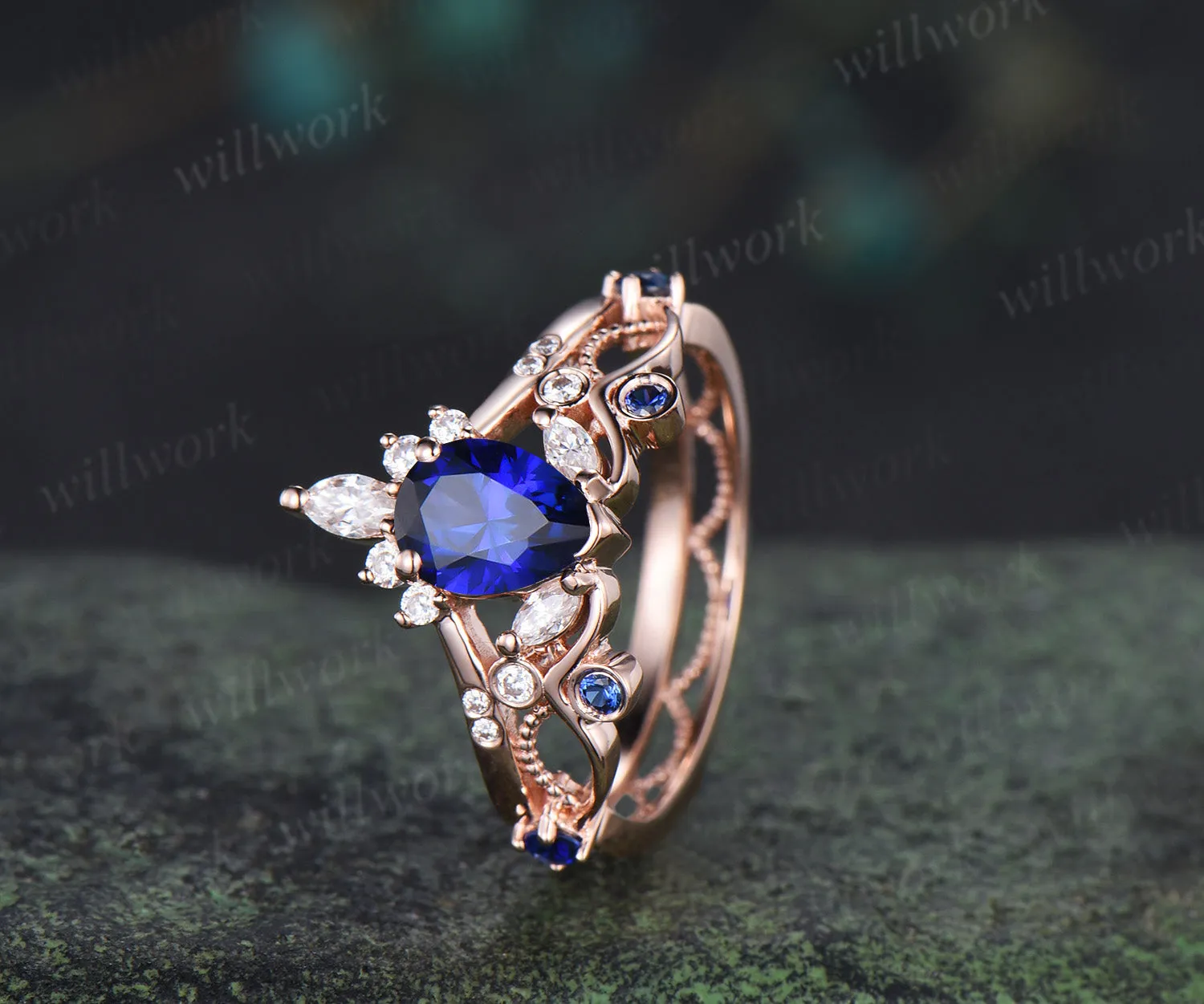 Vintage pear cut sapphire engagement ring elegant milgrain hollow filigree promise ring sold by Willwork Jewelry product image thumbnail 5
