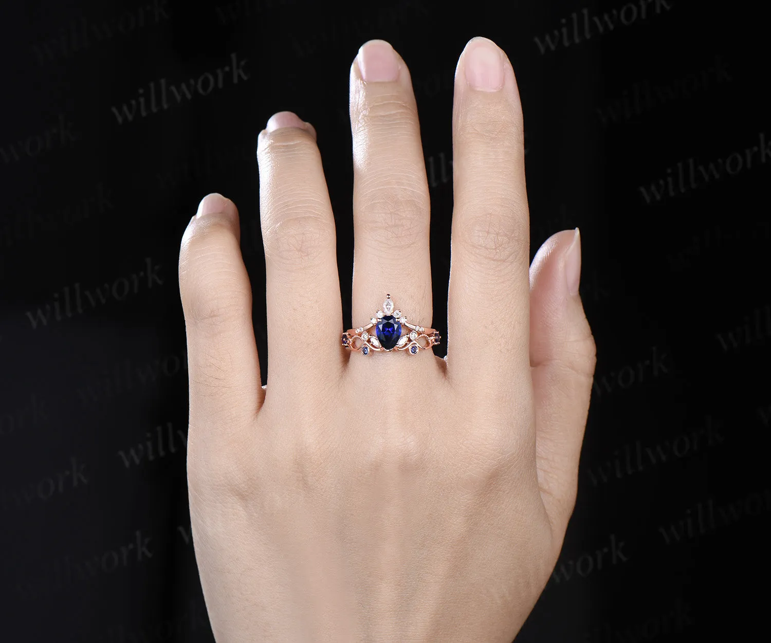 Vintage pear cut sapphire engagement ring elegant milgrain hollow filigree promise ring sold by Willwork Jewelry product image thumbnail 2