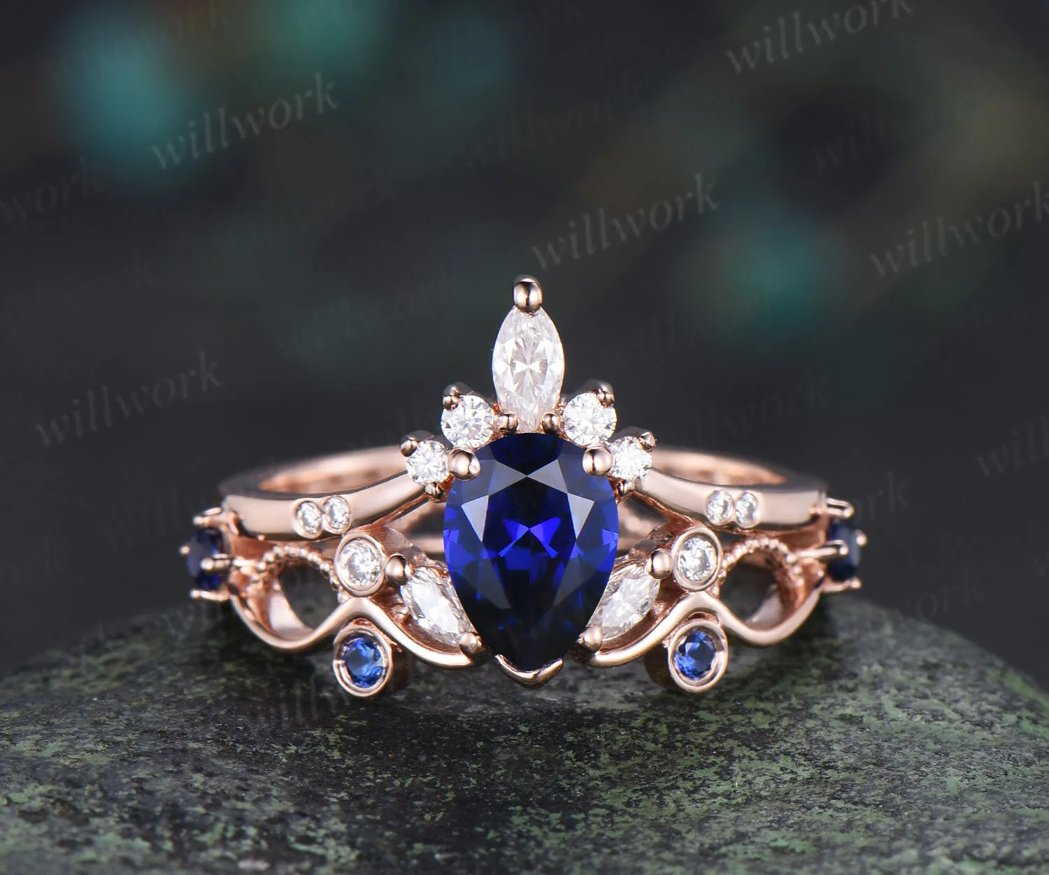 Vintage pear cut sapphire engagement ring elegant milgrain hollow filigree promise ring sold by Willwork Jewelry