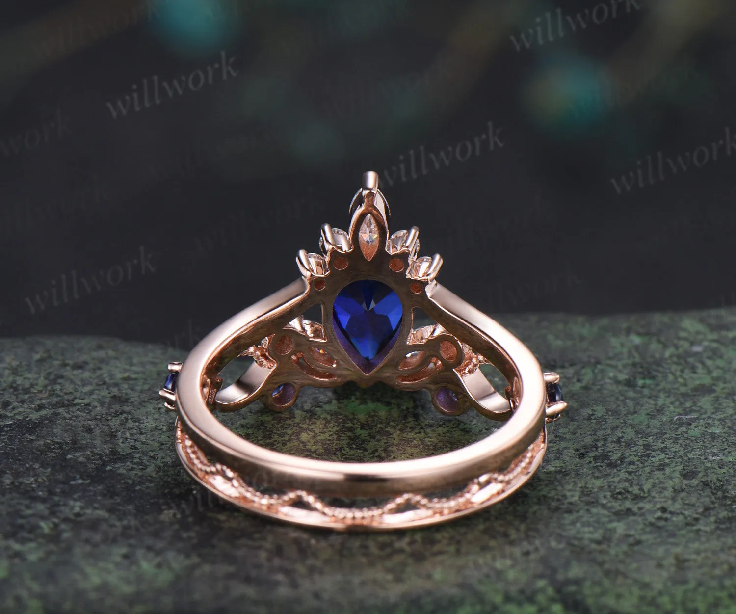 Vintage pear cut sapphire engagement ring elegant milgrain hollow filigree promise ring sold by Willwork Jewelry product image thumbnail 3