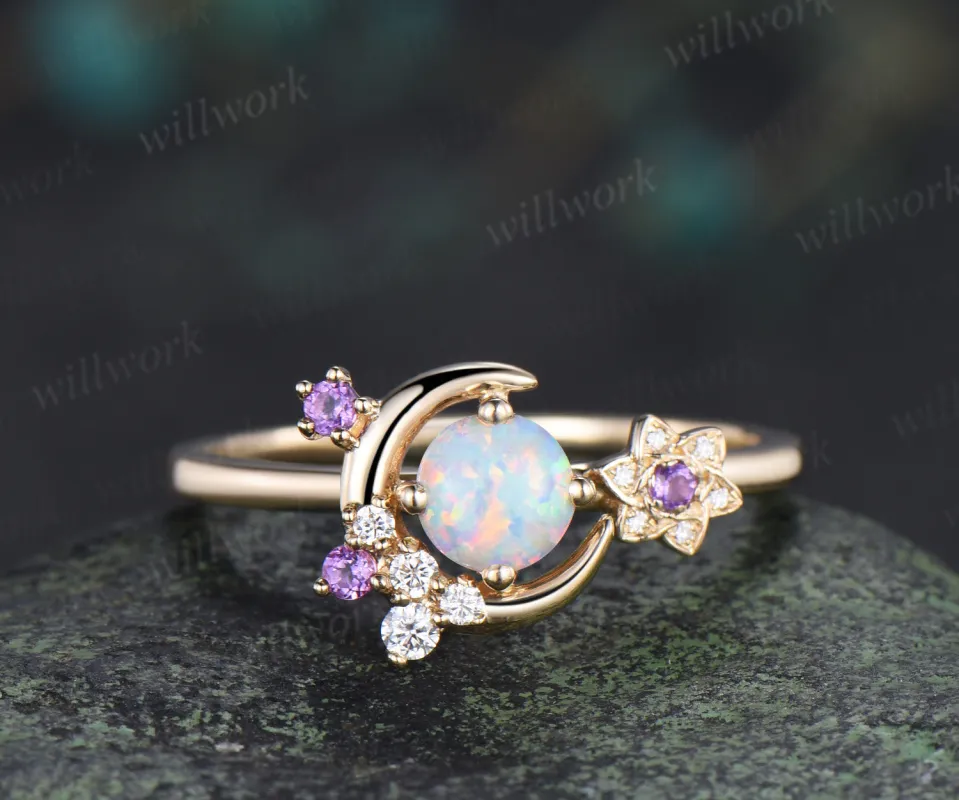 Round cut opal ring floral star moon cluster engagement ring gemstone gift for her sold by Willwork Jewelry