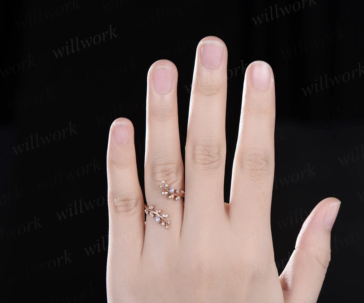 Opal moonstone leaf wedding band enhancer wraps solid 14k rose gold cluster double open gap diamond ring women art deco anniversary gift sold by Willwork Jewelry product image thumbnail 2